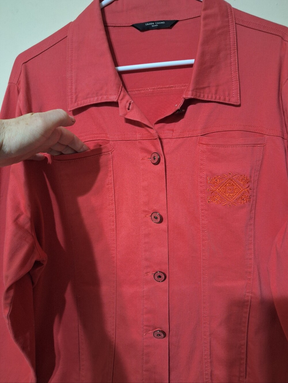 Simon Chang Coral Embroidered Denim Jacket Size 16 - Picture 5 of 13